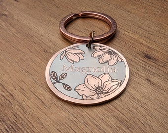 Elegant Magnolia Pet ID Tag: Personalized for Dogs, Cats & Horses in Silver, Gold, Rose Gold, Black