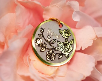 Personalized Floral Pet ID Tags: Engraved Dog & Cat Name Plates in Metallic Colors