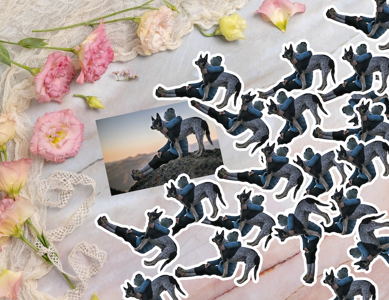 May include: A collage of images featuring a person holding a blue heeler dog in their arms. The images are arranged in a repeating pattern on a pink and white marble background.