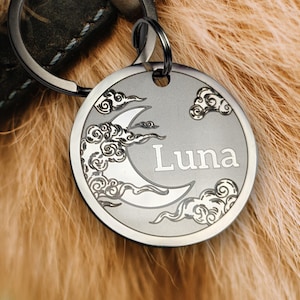 May include: A round, silver-colored pet tag with the name "Luna" in a clean font. The tag features a crescent moon and cloud design. The tag is attached to a black collar.