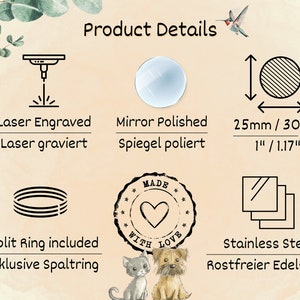 Pu&ograve; includere: Grafica dei dettagli del prodotto con testo: Inciso al laser, Lucidato a specchio, Anello diviso incluso, Acciaio inossidabile. Include misure di 25 mm e 30 mm. Presenta un timbro "Made with Love" e illustrazioni.