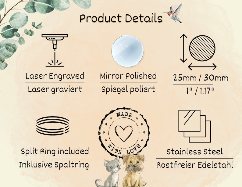 Pu&ograve; includere: Grafica dei dettagli del prodotto con testo: Inciso al laser, Lucidato a specchio, Anello diviso incluso, Acciaio inossidabile. Include misure di 25 mm e 30 mm. Presenta un timbro "Made with Love" e illustrazioni.