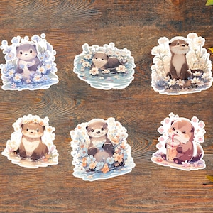 Cute Otter Sticker Set: 6 Adorable Otters with Flowers for a Charming Touch of Forest Whimsy! Perfect for Kawaii Animal Lovers!