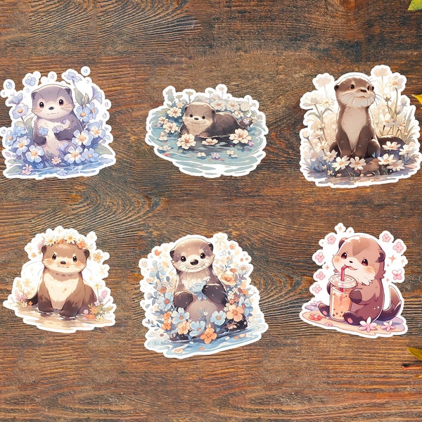 Cute Otter Sticker Set: 6 Adorable Otters with Flowers for a Charming Touch of Forest Whimsy! Perfect for Kawaii Animal Lovers!