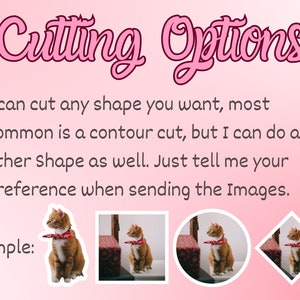 May include: A graphic showing different cutting options for images. The text reads "Cutting Options" and "I can cut any shape you want, most common is a contour cut, but I can do any other shape as well. Just tell me your preference when sending the images. Example:". The graphic shows four examples of different cuts: a contour cut, a square cut, a circle cut, and a diamond cut.