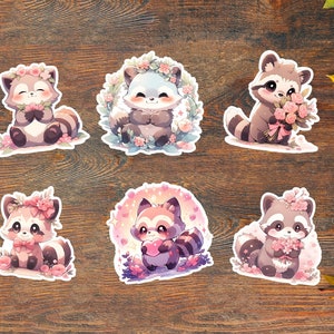 Cute Racoon Sticker Set: 6 Adorable Racoon with Flowers for a Charming Touch of Forest Whimsy! Perfect for Kawaii Animal Lovers!