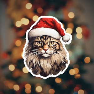 Autocollant de Noël mignon chat Maine Coon : parfait pour les journaux, la décoration et les cadeaux.