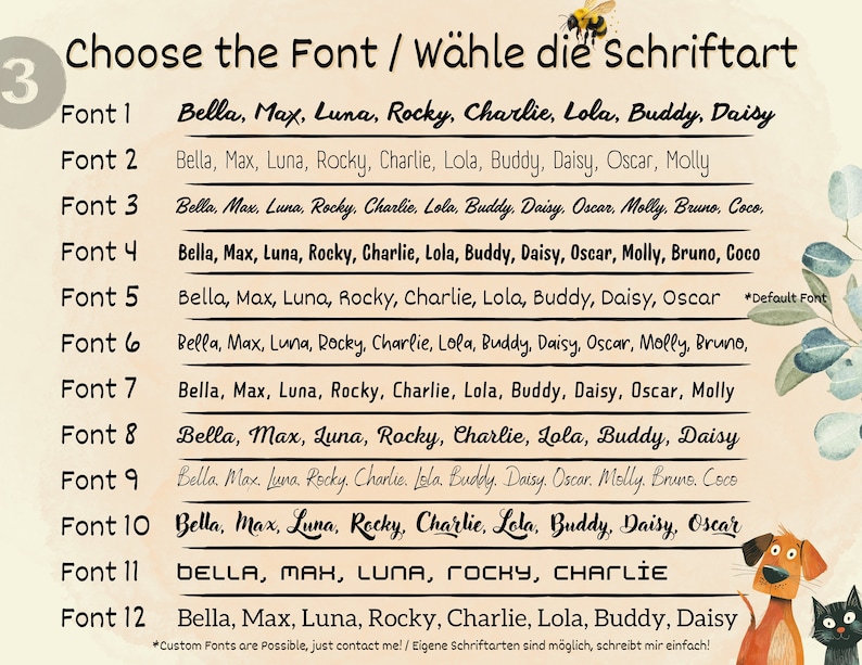 Pu&ograve; includere: Immagine che mostra 12 opzioni di carattere con vari nomi, insieme al testo "Choose the Font / W&auml;hle die Schriftart". Un'ape, un cane e un gatto dei cartoni animati sono presenti nell'immagine.