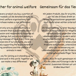 Pu&ograve; includere: Immagine con testo in inglese e tedesco, che promuove il benessere degli animali. Il testo afferma che una parte dei proventi degli acquisti sar&agrave; donata a organizzazioni per il benessere degli animali. L'immagine include illustrazioni di un cane, un gatto e del fogliame.