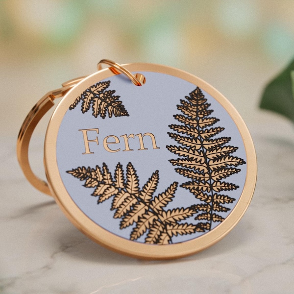 Botanical Fern Pet ID Tag: Engraved Stainless Steel Dog Cat Nature Identification 4 Colors 3 Sizes