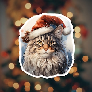 Autocollant de Noël mignon chat Maine Coon : parfait pour les journaux, la décoration et les cadeaux.