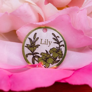 Könnte beinhalten: Ein runder Anhänger in Goldfarbe mit weißem Hintergrund und einem grünen Blumenmuster. Der Anhänger trägt die Aufschrift "Lily" in Schwarz.