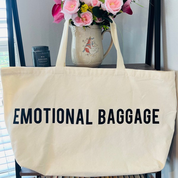 Beige Emotional Baggage | Extra Large Canvas Bag | Big Tote Bag | Grocery Bag | Gym Bag | Weekender Bag | Beach Bag