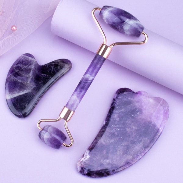 Massage Stones-Revitalize Your Skincare Routine with the Amethyst Roller Set and Heart-Shaped Gua Sha Massager