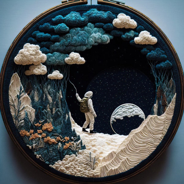 Space Oddity Embroidery Art, gedrukt op premium ingelijst float-canvas