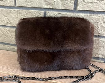 Brown Mink Fur Crossbody Bag, Real Mink Fur Small Clutch Bag, Luxury Brown Small Fur Bag, Small Mink Fur Crossbody Bag, Luxury Mink Fur Bag