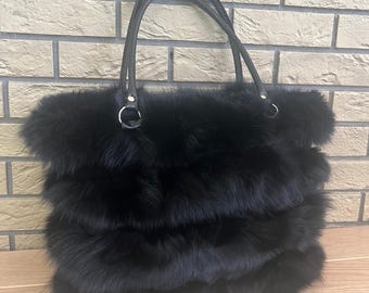 Black Fox Fur Handbag, Black Fur Shoulder Bag, Black Fur Handbag, Women&#39;s Luxury Bag, Black Women&#39;s Fur Handbag, Black Winter Fur Bag