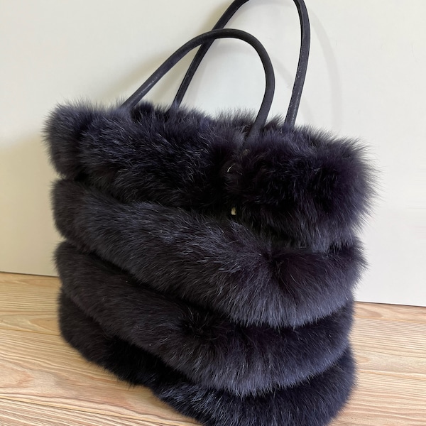 Sac à main en fourrure de renard bleu marine, sac à bandoulière en fourrure, sac à main en fourrure bleue, sac en fourrure de luxe pour femmes, sac à main en fourrure pour femmes bleues, sac en fourrure d'hiver bleu foncé