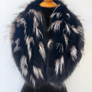 Black Gray Detachable Fox Fur Collar For Coat, Winter Luxury Fur Scarf, Fur Collar For Black Coat, Black Gray Real Fox Fur Collar