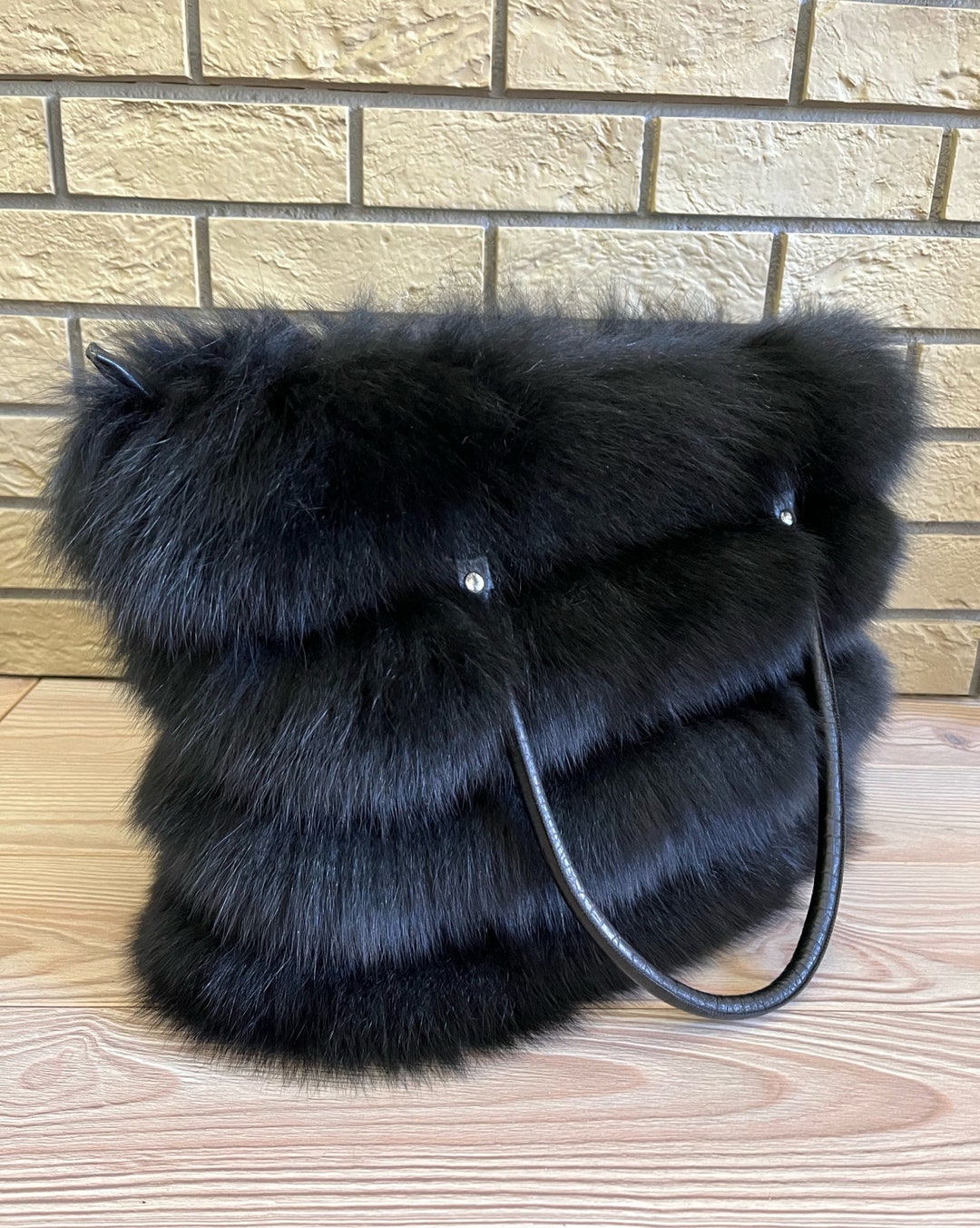 Black Fox Fur Handbag, Black Fur Shoulder Bag, Black Fur Handbag, Women