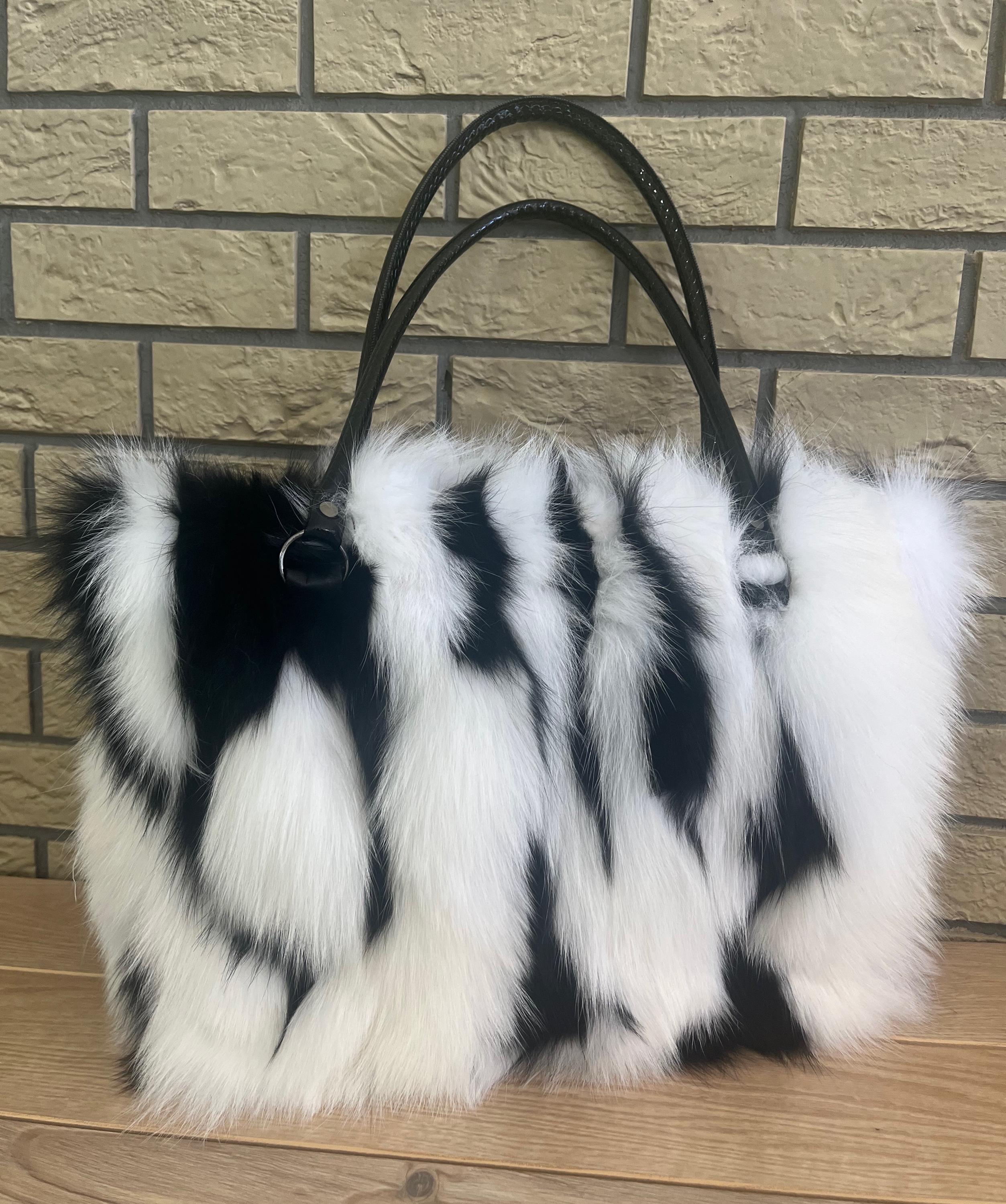 Black & White Fox Fur Handbag: Handmade Luxury Shoulder Bag 