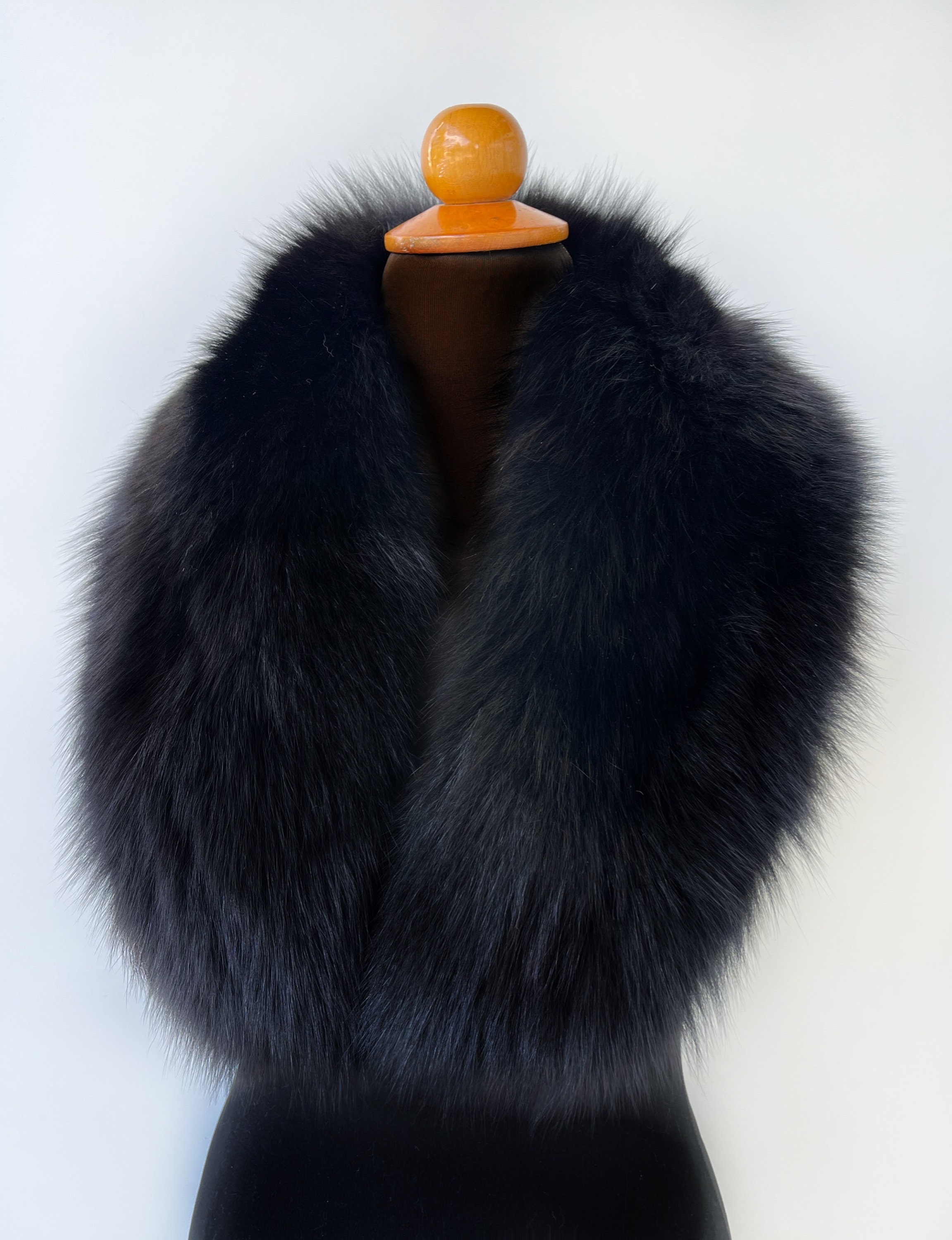 Black Detachable Fox Fur Collar for Coat, Winter Luxury Fur