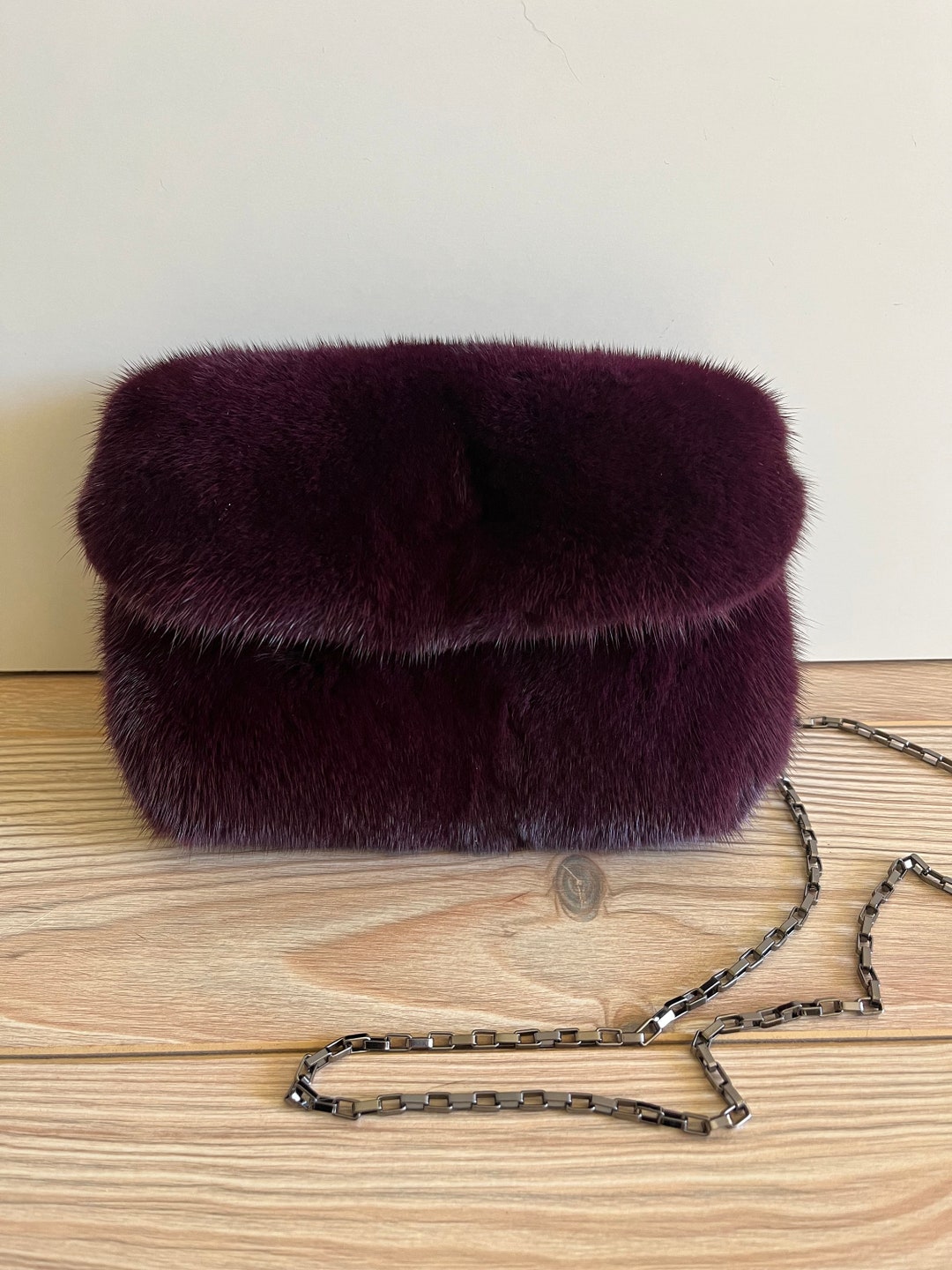 Burgundy Mink Fur Crossbody Bag, Real Mink Fur Handbag, Luxury Small