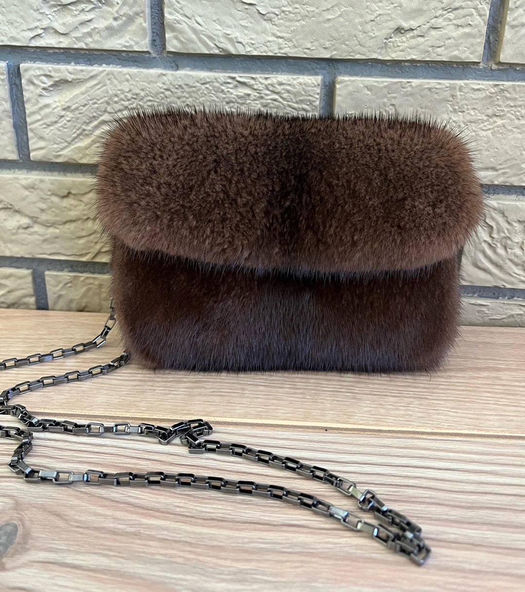 Mini Brown Mink Fur Crossbody Bag, Brown Fur Shoulder Bag, Women's
