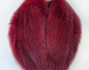 Bufanda de cuello de piel de zorro de lujo burdeos para chaqueta de abrigo de invierno, cuello de piel de mujer para abrigo, cuello de bufanda de estola de piel de zorro burdeos, piel de lujo