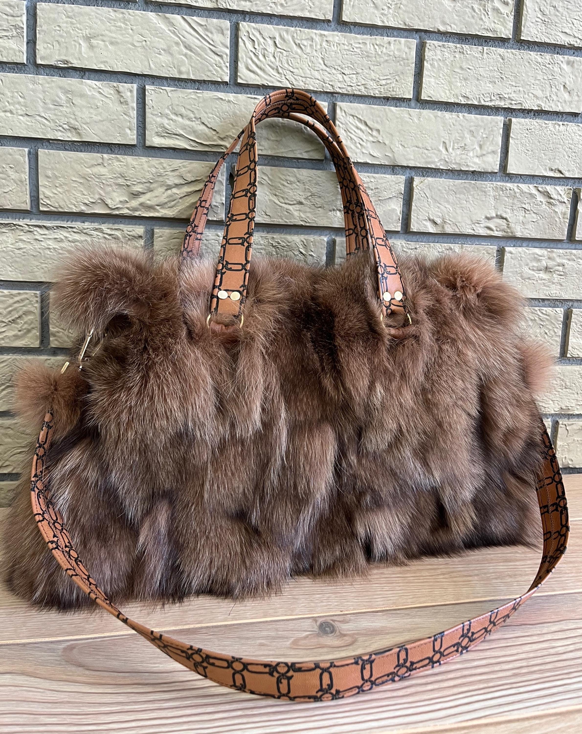 リアルFOXブラウンファーBag Handmade Fox Fur Shoulder Bag: Brown Leather Bottom, Silk Lined - Etsy