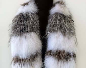 White and gray fox fur collar for coat, Real fox fur collar, Luxury fur neck warmer, Fox fur scarf, Women's fur collar for coat,