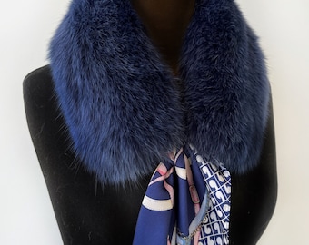 Navy blue fox fur collar with removable scarf, Dark blue color fur collar for special occasions, Luxury fox fur collar, Luxury women's scarf