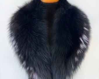 Black Detachable Fox Fur Collar For Coat, Winter Luxury Fur Scarf, Fur Accessory Gift For Women, Men's Black Fur Scarf Collar, Black Fur