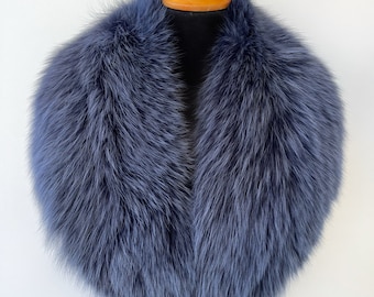 Cuello de piel de zorro negro azul desmontable para abrigo de invierno para hombre y mujer, cuello de piel de zorro azul oscuro, bufanda de cuello de piel de zorro azul de lujo