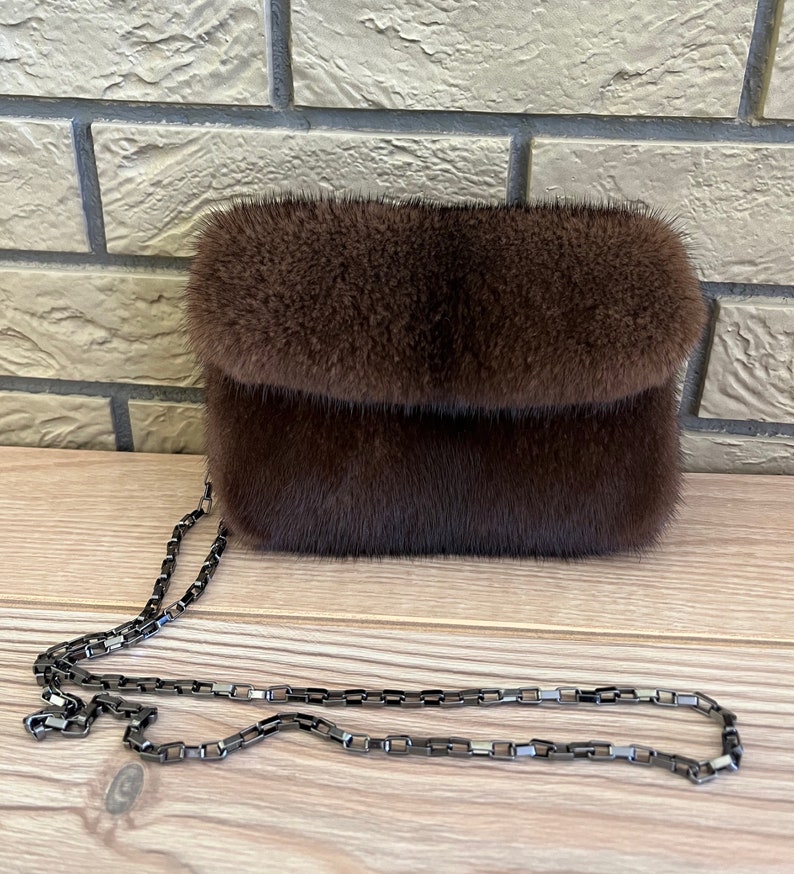 Mini Brown Mink Fur Crossbody Bag, Brown Fur Shoulder Bag, Women's
