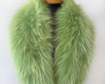 Bufanda de cuello de piel de zorro de lujo desmontable verde, cuello de piel para abrigo de hombre de mujer, bufanda de piel de zorro real, accesorio de piel, bufanda de cuello de piel verde