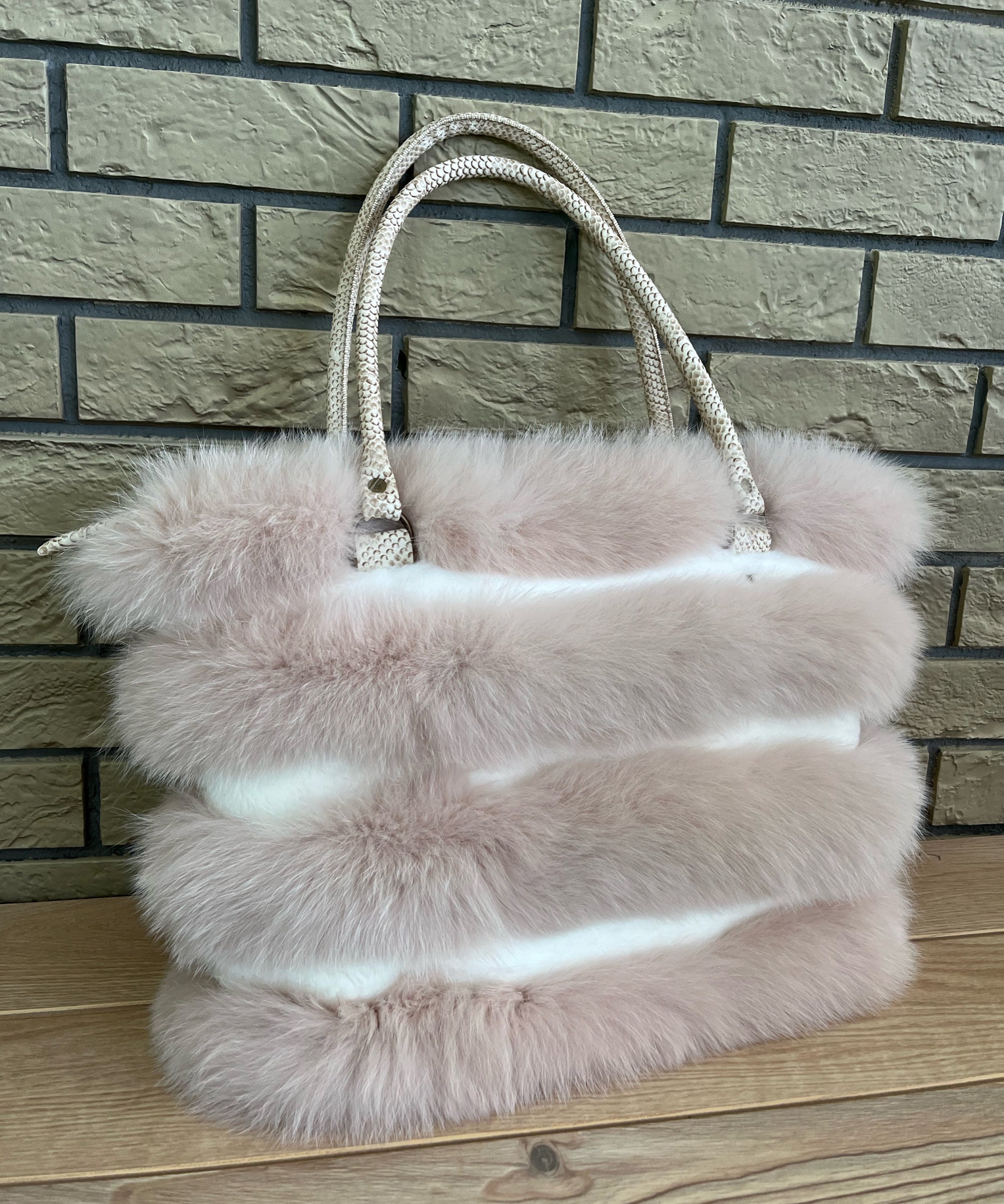 Handmade Light Pink Fox Fur Handbag: Women's Luxury Shoulder Bag
