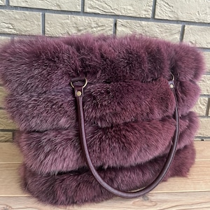 Burgunder Fuchspelz Handtasche, Pelz Schultertasche, Fuchspelz Handtasche, Damen Luxus Pelztasche, Burgunder Farbe Damen Pelzhandtasche, Winter Pelztasche