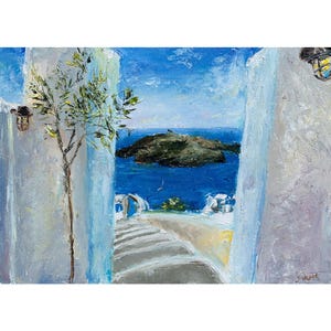 Santorini Painting ORIGINAL Greece Art Greek Island Impasto Oil Painting Gift Wall Art 10x14'' by Muura