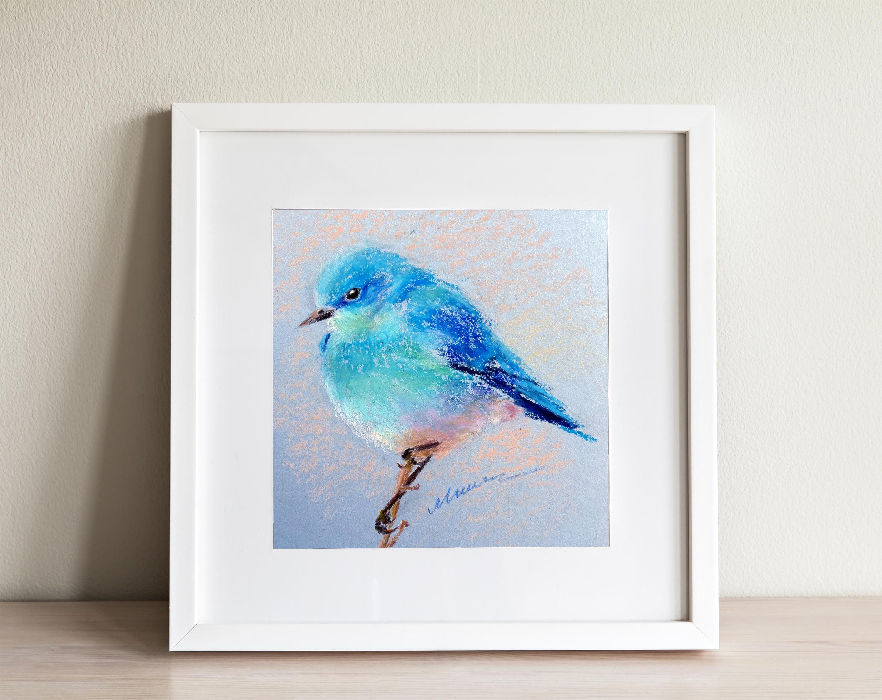 Bluebird Painting ORIGINAL Little Bird Art Animal Oil Pastel