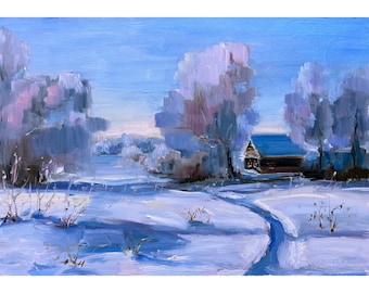 子供たちとの冬景色。油絵オリジナル。印象派の風景。雪絵の冬の風景