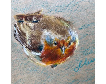 Robin Painting ORIGINAL Flying Bird Art Funny Anumal Oil Pastel Drawing 8x8'' by Muura