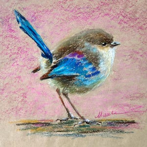 Blue Bird Painting ORIGINAL Bluebird Art Animal Oil Pastel Drawing 8x8'' by Muura 4.9 (81)