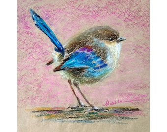 Blue Bird Painting ORIGINAL Bluebird Art Animal Oil Pastel Drawing 8x8'' by Muura