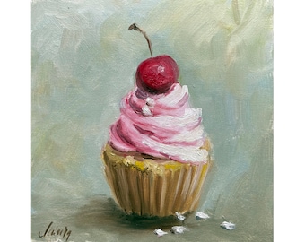 Cupcake Painting Cake Original Art Sweet Dessert Oil Artwork Small Food Kitchen Wall Art Gift 6x6 by StudioMuura