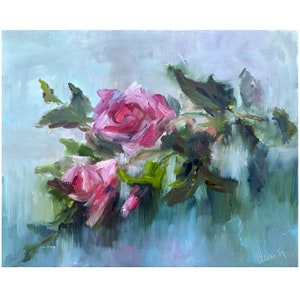 Rose Malerei ORIGINAL Pink Blumen Kunst Blumenstrauß Öl Kunstwerk Geschenk Wandkunst von Muura