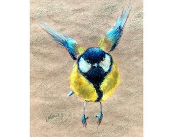 Tit Painting Flying Bird Original Art Animal Oil Pastel Artwork Сhickadee Drawing Gift 8x10 by StudioMuura