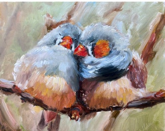 Zebra Finch Painting Bird Couple Original Art Australian Bird Oil Animal Artwork Gift 8''x10'' by StudioMuura