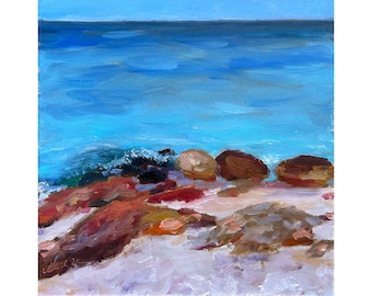 Beach Painting Seaside Original Art Ocean Wall Art Oil Gift 8''x8'' by Muura