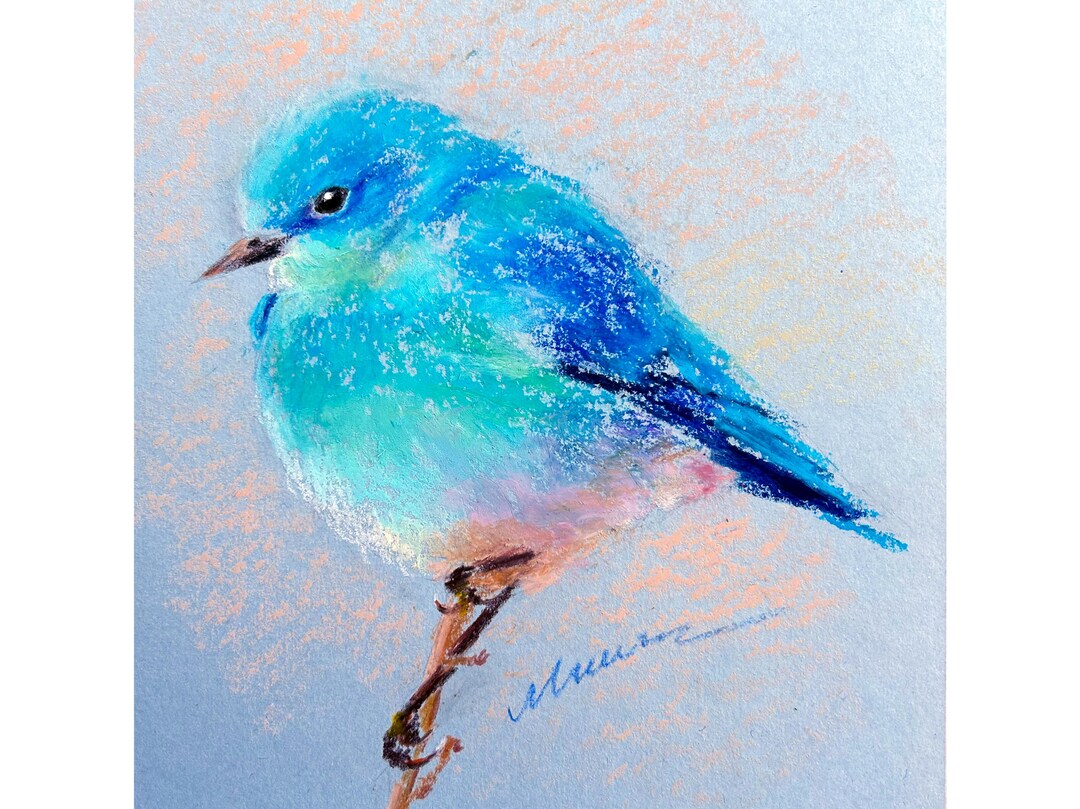 Bluebird Painting ORIGINAL Little Bird Art Animal Oil Pastel